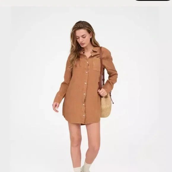 NWT Mate The Label 100% Linen Mini Button Down Shirt Dress SED Brown Sz M $158 - Picture 4 of 8